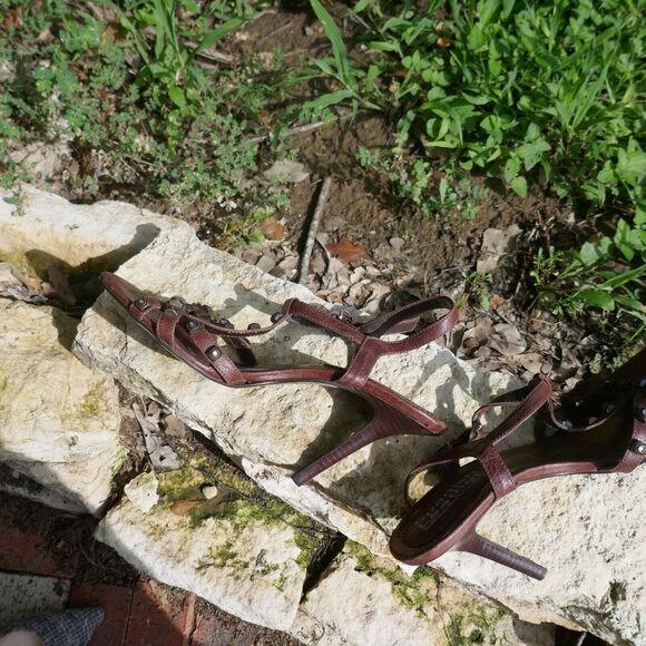 Sergio Zelcer Shoes Spanish Leather High Heeled Strappy Studded Brown Sandals 8 - Picture 6 of 11